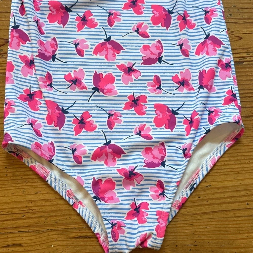 Nicole Miller Swimsuit Kids Blue Pink Floral Pom Pom Striped One Piece SIZE 12‎ - Picture 2 of 6
